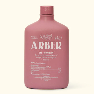 Photo of 16 oz. Bottle of Arber Bio Fungicide that is pink  with a white background