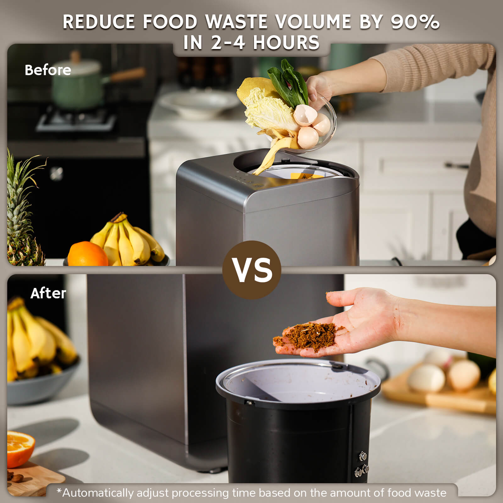 Airthereal Revive Electric Composter photo of scraps in woman's hand then the compost it creates in 2-4 hours