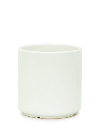 White 7" Wide Cylindrical Ceramic Planter with a white background
