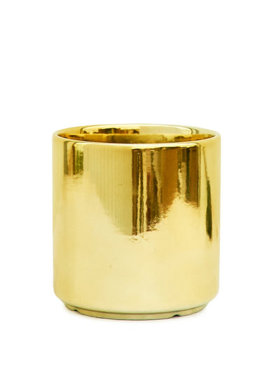 7" Wide Metallic Gold Cylindrical Ceramic Planter with a white background