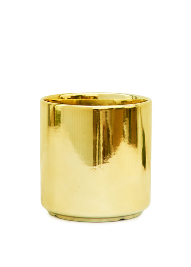 Shiny Gold Cylindrical Ceramic planter 5" wide with a white background