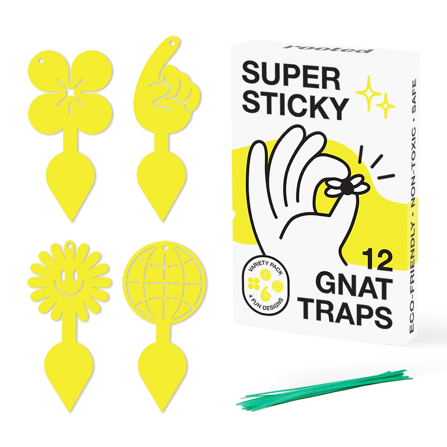 Photo of both packaging and product for Super Sticky Gnat Traps with a white background