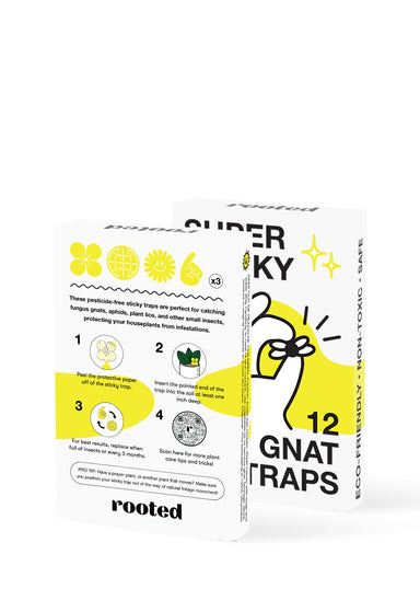 Photo of the back and front of the packaging for Super Sticky Gnat Traps with a white background